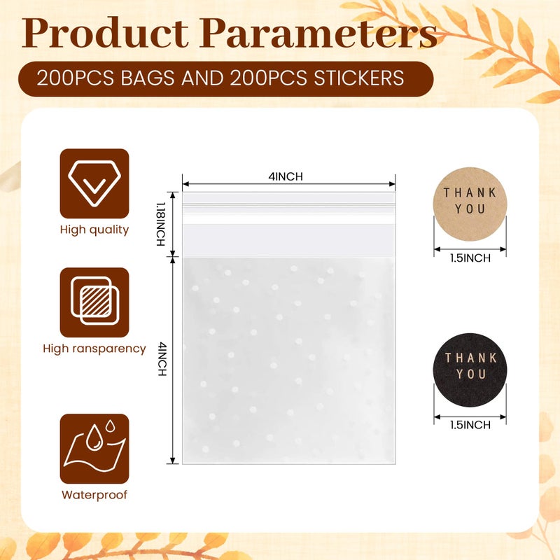 YunKo 200 Pack Self Sealing Clear Cookie Bags with Polka Dots & Thank You Stickers â€“ 4x4 Inch Resealable Treat Bags for Cookies, Candy, Chocolate, Bakery Goods, Party Favors - Image 2